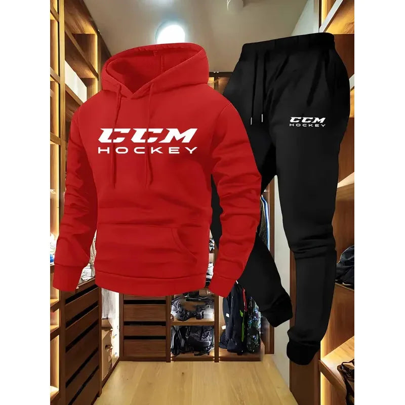 CCM Men's Casual Athletic Two-Piece Outfit Long Sleeve Hooded Sweatshirt And Joggers Set in Black And Beige with CCM Print