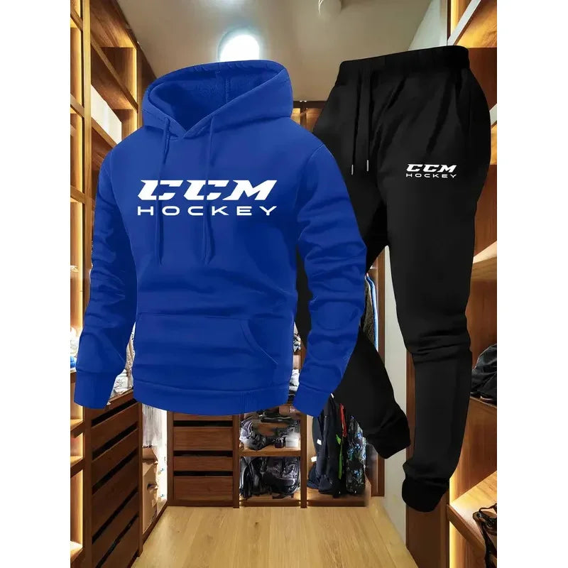 CCM Men's Casual Athletic Two-Piece Outfit Long Sleeve Hooded Sweatshirt And Joggers Set in Black And Beige with CCM Print