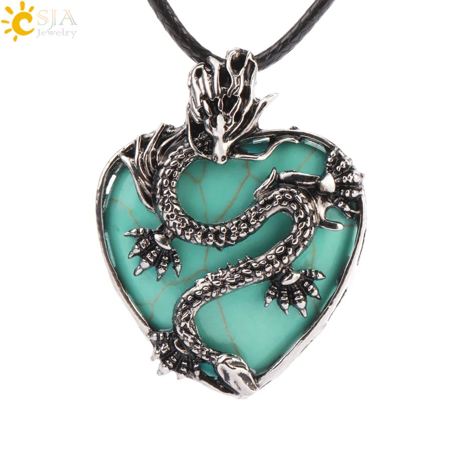 CSJA Double Dragon Necklace Natural Stone Heart Crystal Pendant Amulet Neckalces for Man Women Jewelry Gift H238