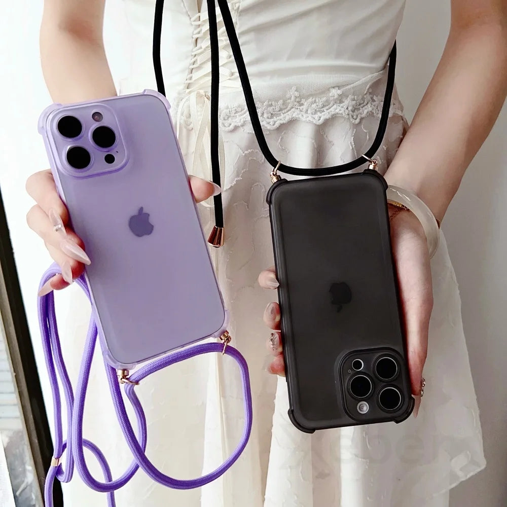 Crossbody Strap Lanyard Matte Shockproof Case For iPhone 17 16 Pro Max 15 14 13 Mini 12 11 XR XS X 7 8 Plus Clear Soft TPU Cover