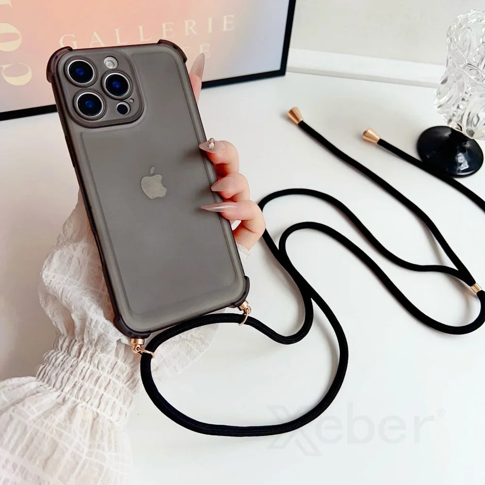 Crossbody Strap Lanyard Matte Shockproof Case For iPhone 17 16 Pro Max 15 14 13 Mini 12 11 XR XS X 7 8 Plus Clear Soft TPU Cover