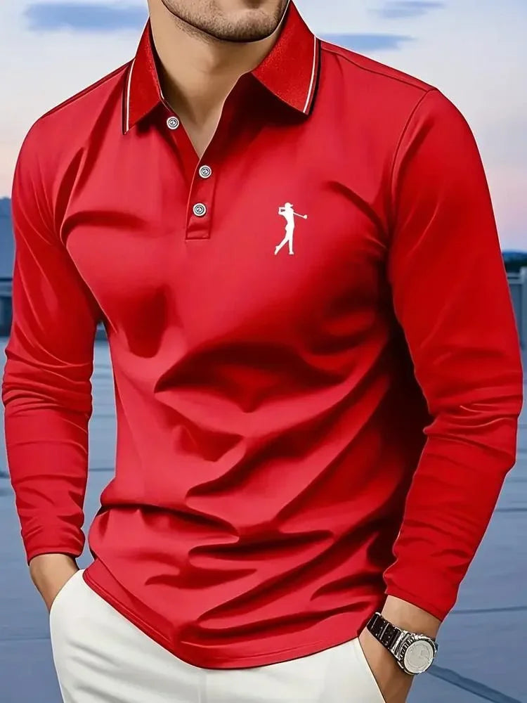 Casual men's polo shirt with long sleeves, breathable and comfortable, suitable for striped printed graphics and golf player gra