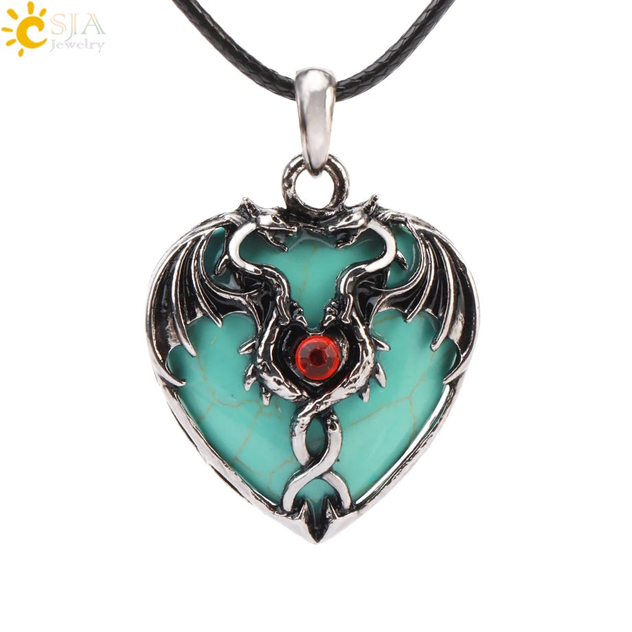 CSJA Double Dragon Necklace Natural Stone Heart Crystal Pendant Amulet Neckalces for Man Women Jewelry Gift H238