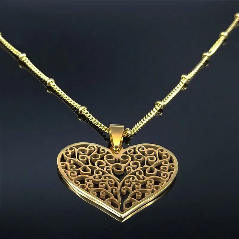 Aesthetic Love Heart Tree of Life Hollow Pendant Necklace for Women Stainless Steel Gold Color Bead Chain Jewelry collar N7173S1
