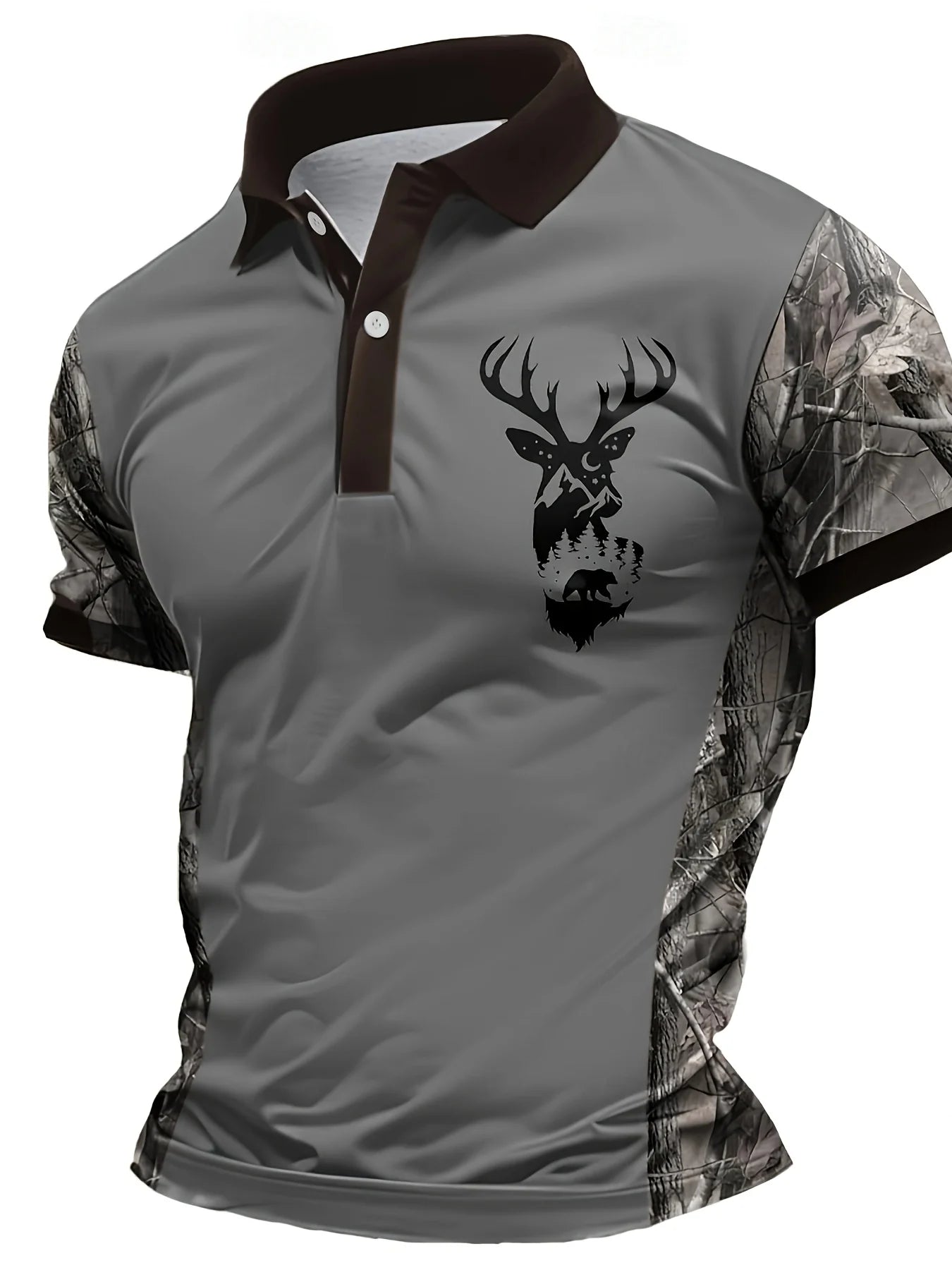 2026 Latest Men's Rugged Fashion! Camo Sleeve Men's Polo Shirt, with Khaki As The Main Color and Elk Pattern.