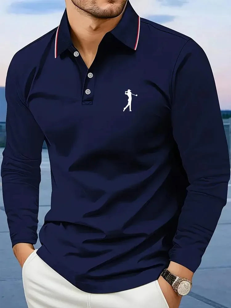 Casual men's polo shirt with long sleeves, breathable and comfortable, suitable for striped printed graphics and golf player gra