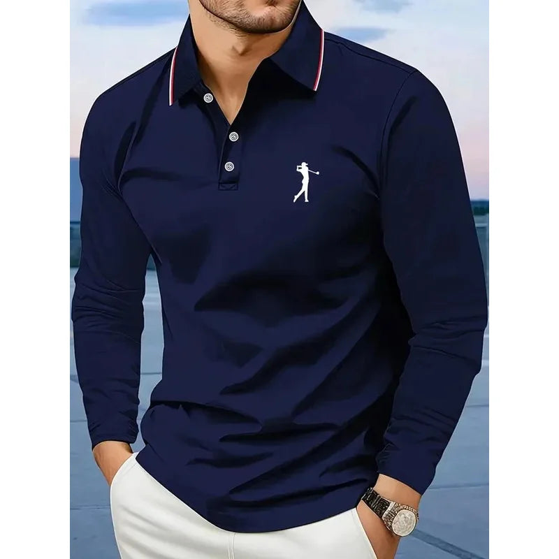 Casual men's polo shirt with long sleeves, breathable and comfortable, suitable for striped printed graphics and golf player gra