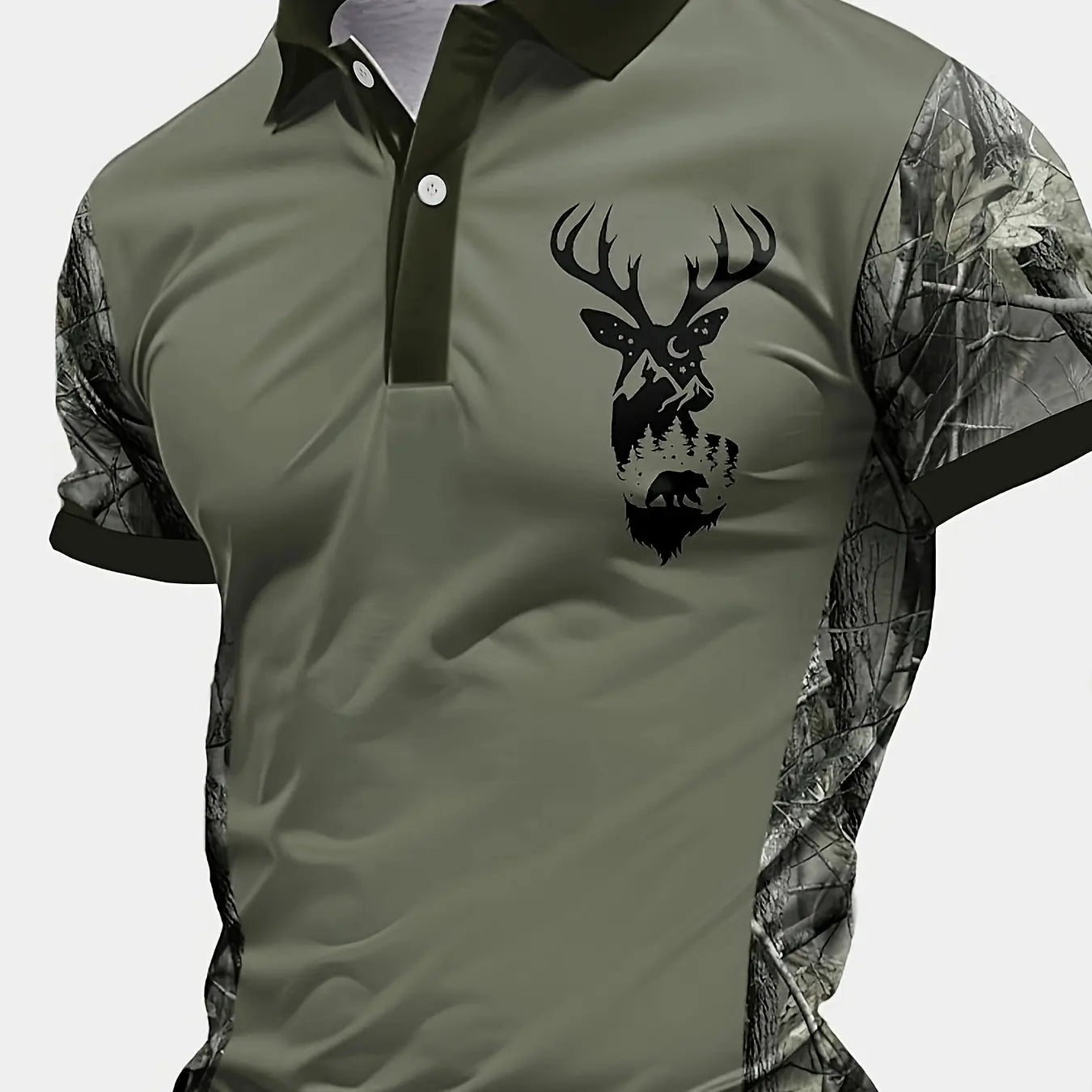 2026 Latest Men's Rugged Fashion! Camo Sleeve Men's Polo Shirt, with Khaki As The Main Color and Elk Pattern.